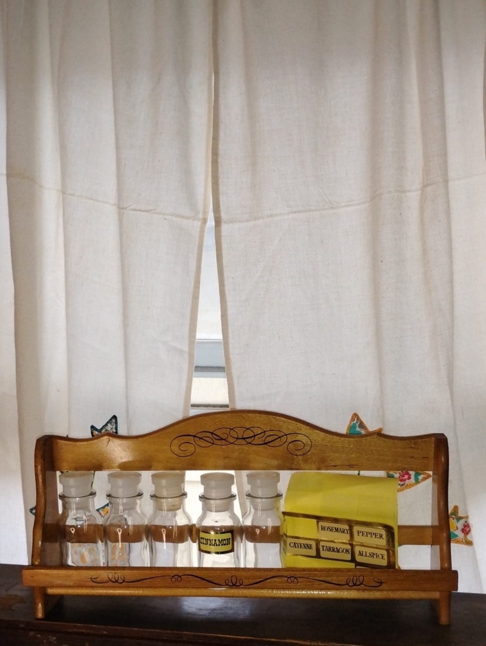 Vintage Wood Spice Rack with Glass Jars/Labels Cottagecore Farmhouse Decor